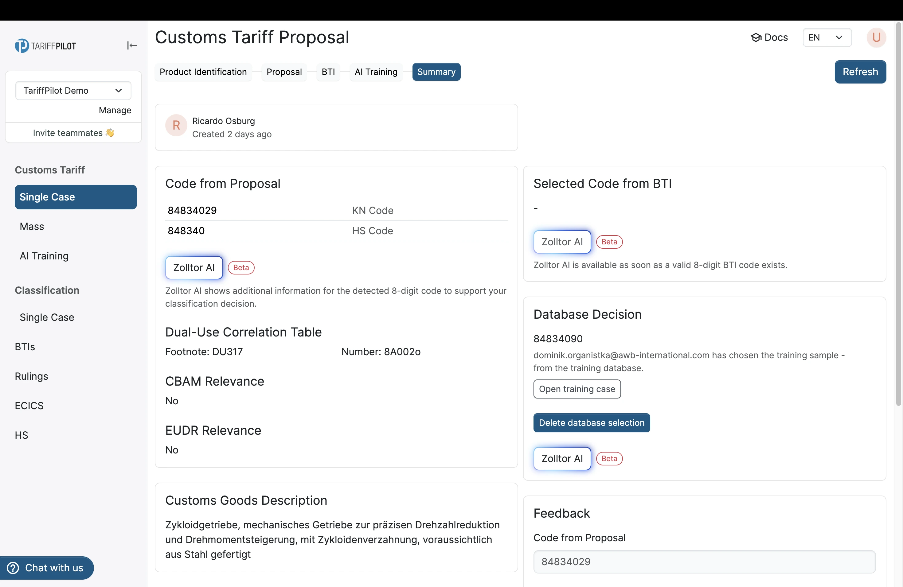 The Database Decision card on the summary page